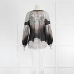 Hale Bob White Black Multi Print Embellished Trim Silk Blouse