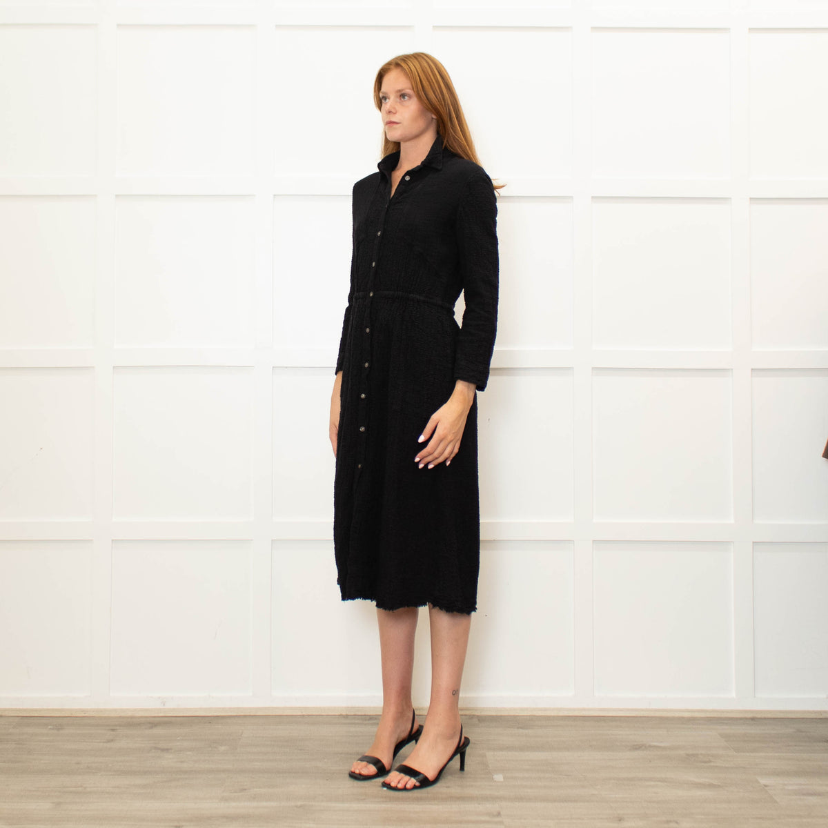 Raquel Allegra Black textured Cotton Long Sleeved Dress
