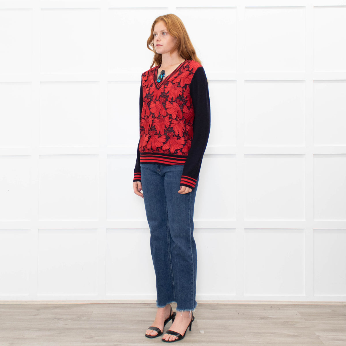 Tory Burch Navy Blue Red Lace Front V-Neck Sweater