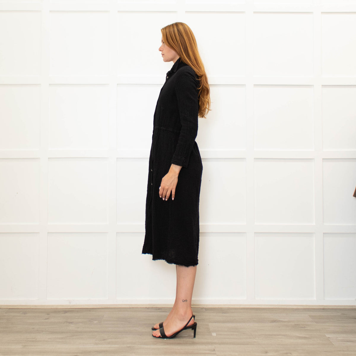 Raquel Allegra Black textured Cotton Long Sleeved Dress