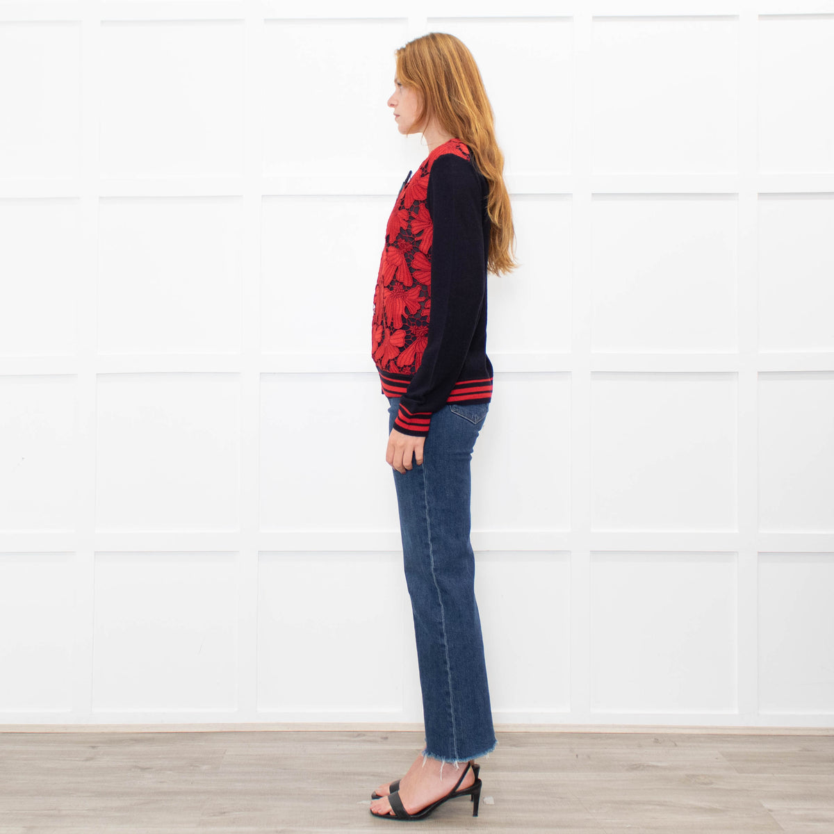 Tory Burch Navy Blue Red Lace Front V-Neck Sweater