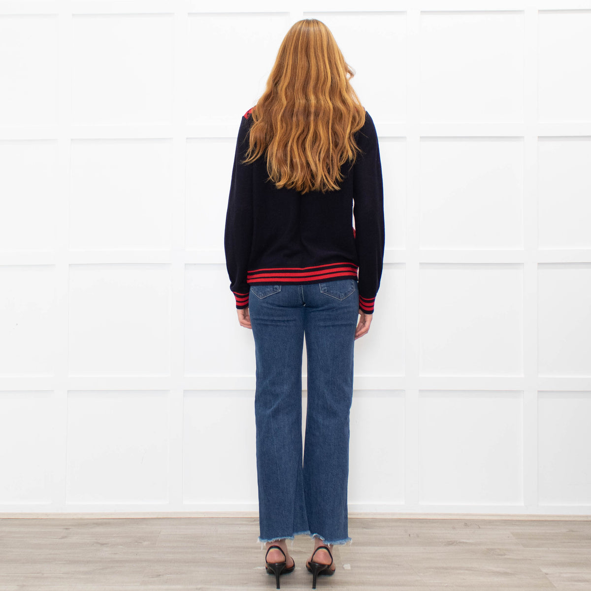 Tory Burch Navy Blue Red Lace Front V-Neck Sweater