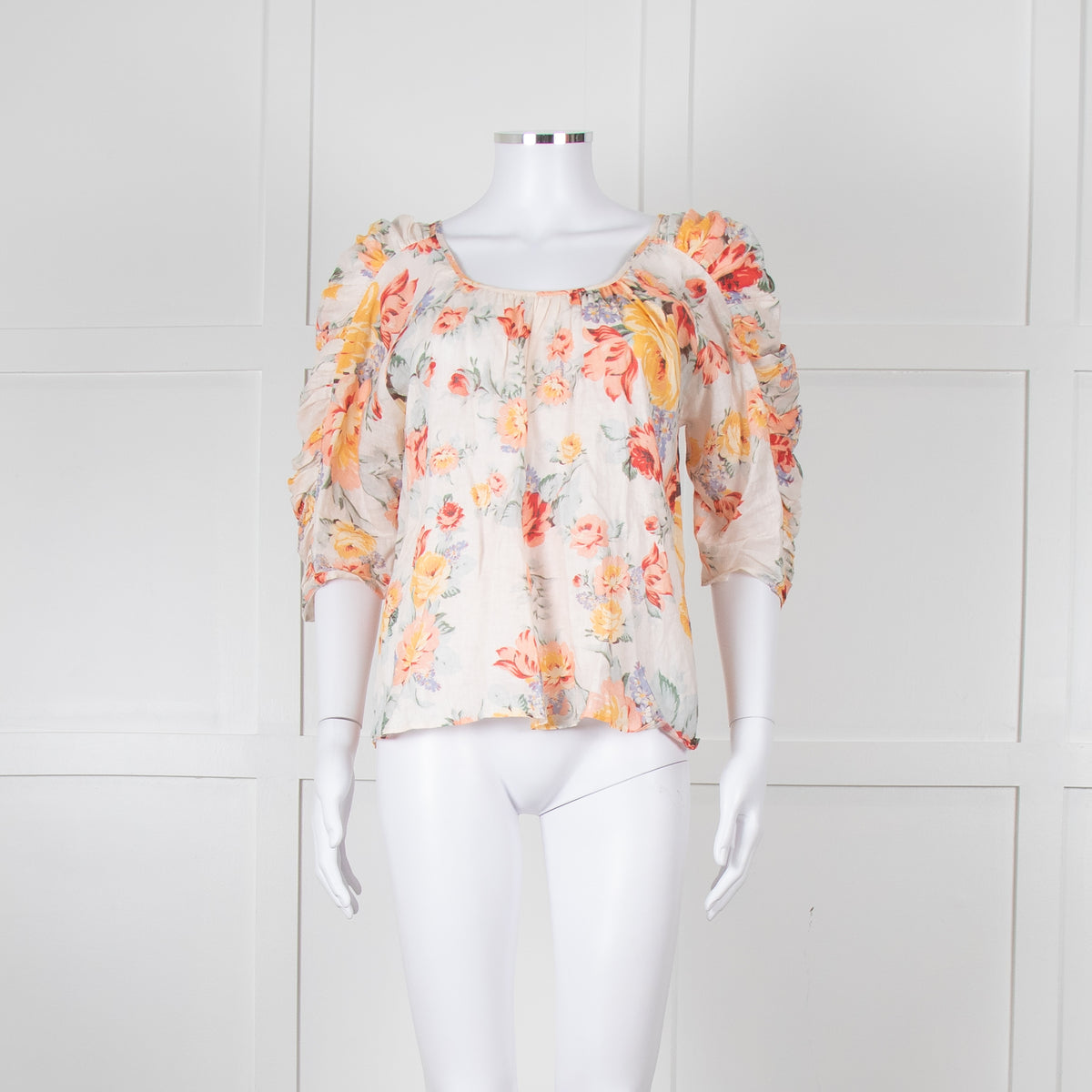 Loeffler RANDALL Orange Linen Floral Ruched Sleeve Top