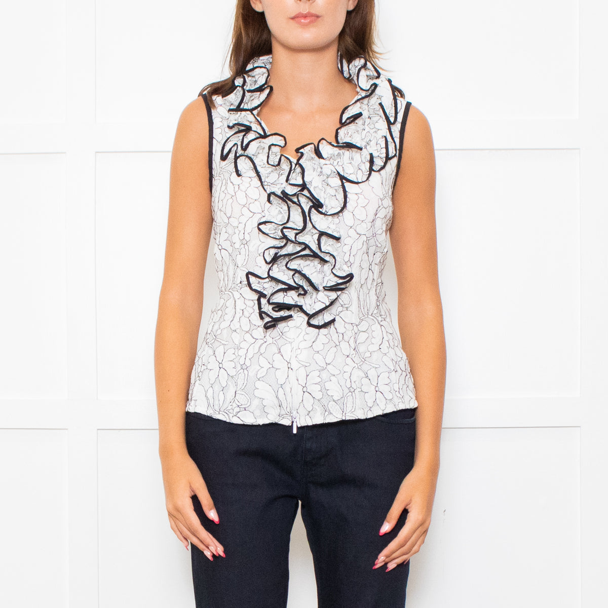 Anne Fontaine White Black Lace Ruffle Trim Sleeveless Top