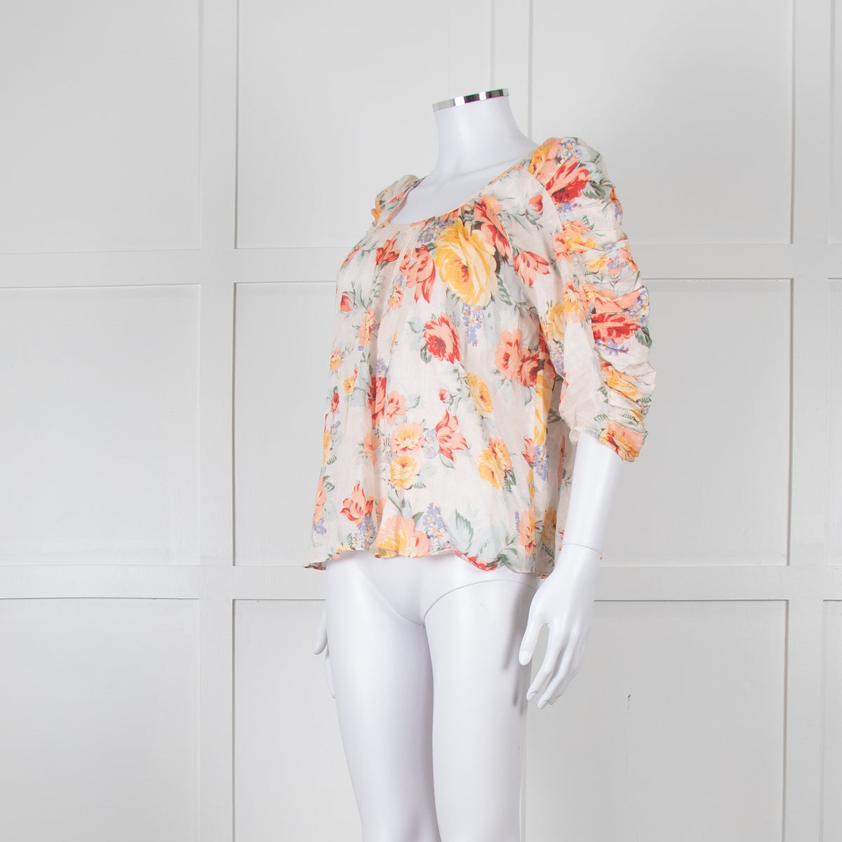 Loeffler RANDALL Orange Linen Floral Ruched Sleeve Top