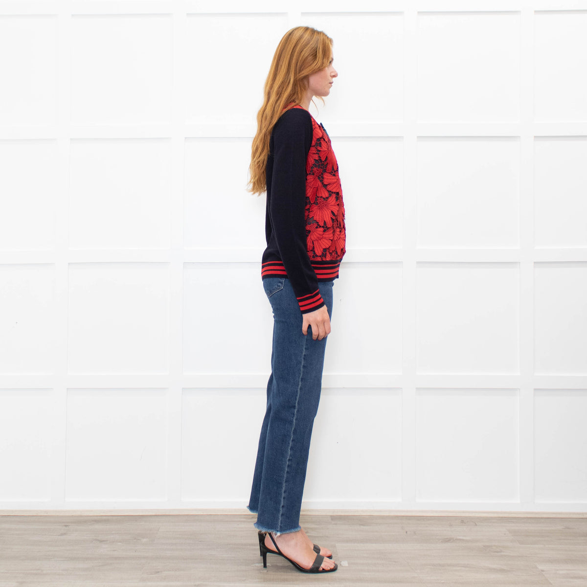 Tory Burch Navy Blue Red Lace Front V-Neck Sweater