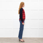 Tory Burch Navy Blue Red Lace Front V-Neck Sweater