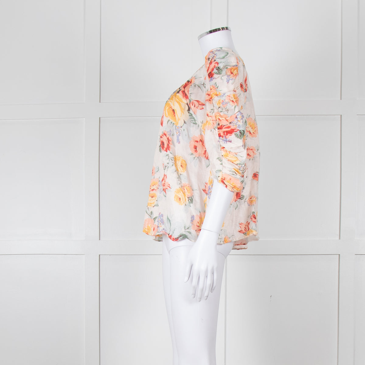 Loeffler RANDALL Orange Linen Floral Ruched Sleeve Top