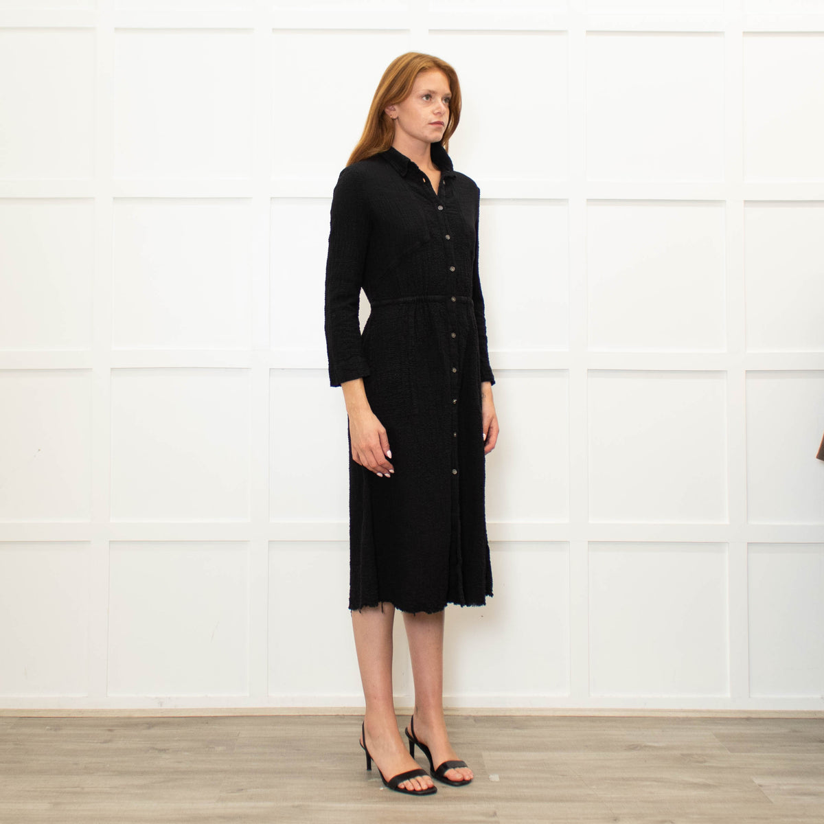 Raquel Allegra Black textured Cotton Long Sleeved Dress