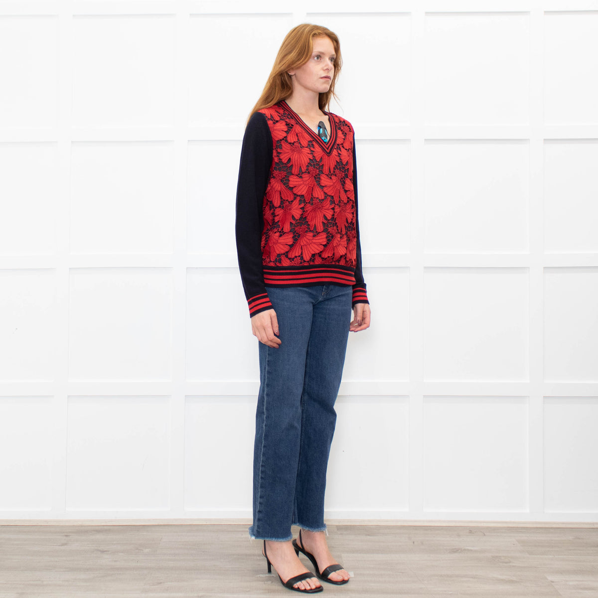 Tory Burch Navy Blue Red Lace Front V-Neck Sweater