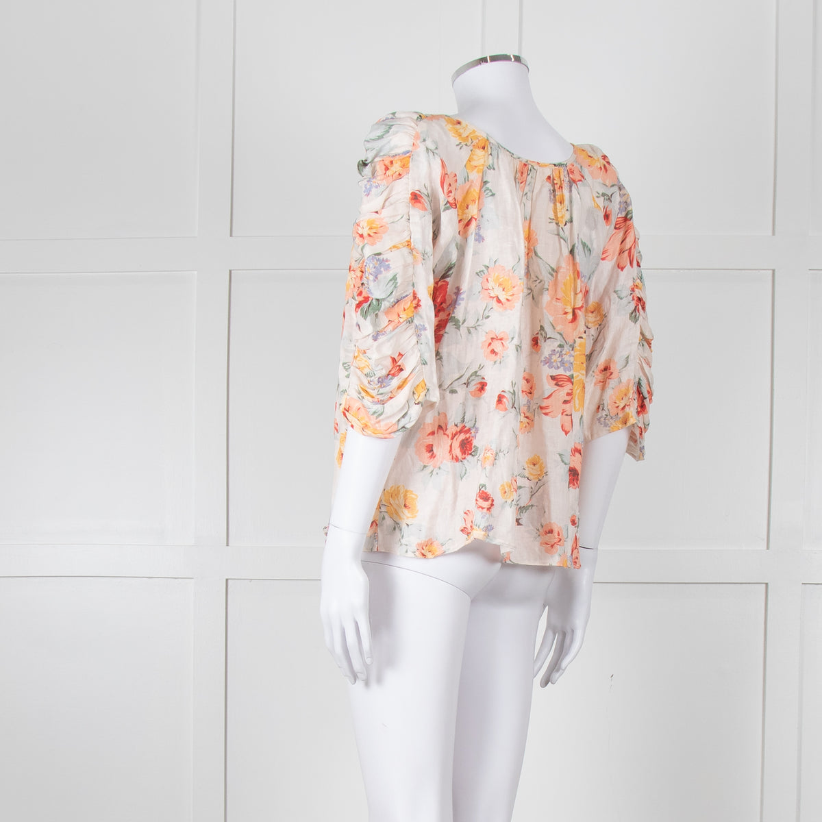 Loeffler RANDALL Orange Linen Floral Ruched Sleeve Top