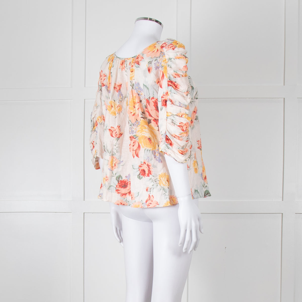 Loeffler RANDALL Orange Linen Floral Ruched Sleeve Top