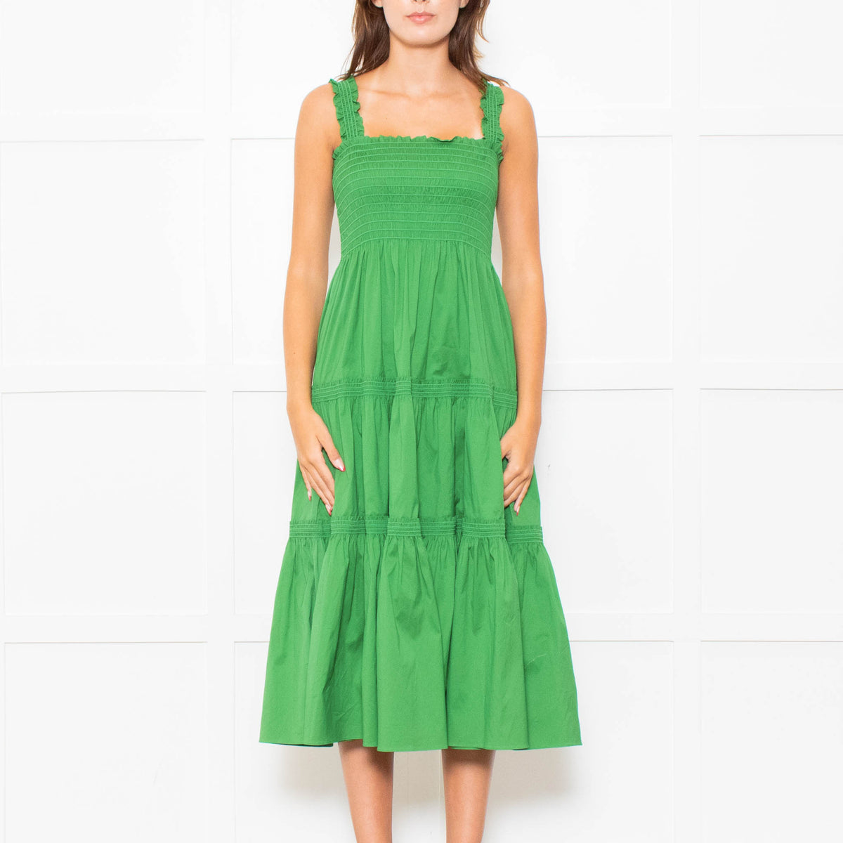 Tory Burch Green Smocked Waist Strappy Tiered Dress