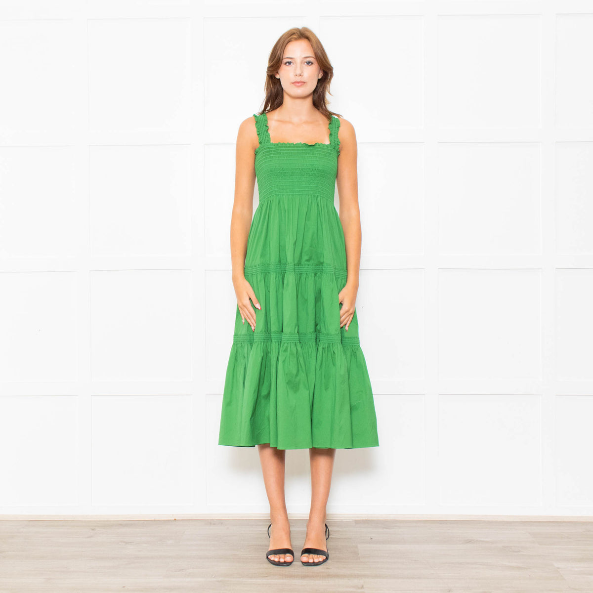 Tory Burch Green Smocked Waist Strappy Tiered Dress