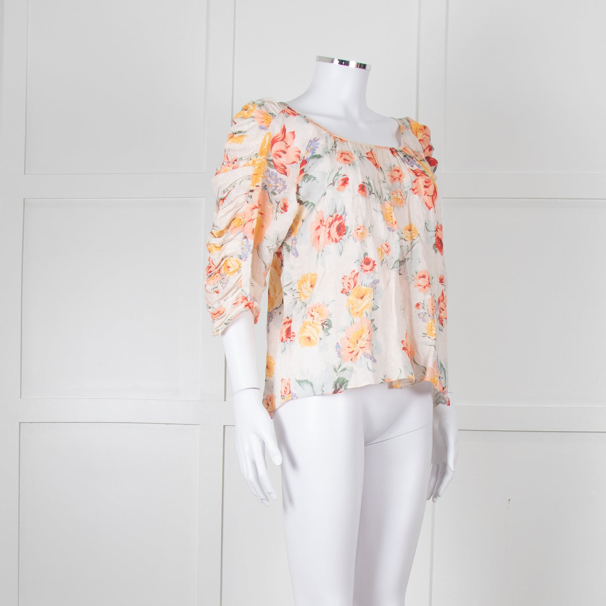 Loeffler RANDALL Orange Linen Floral Ruched Sleeve Top