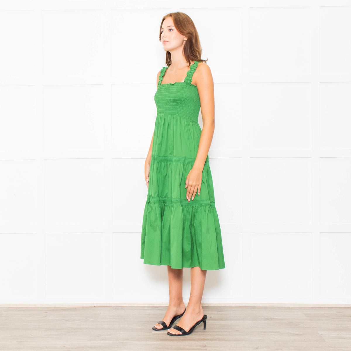 Tory Burch Green Smocked Waist Strappy Tiered Dress