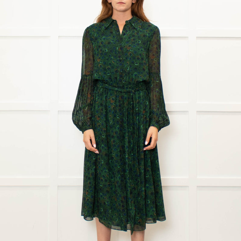 Michael Kors Green Blue Peacock Print Full Length Dress