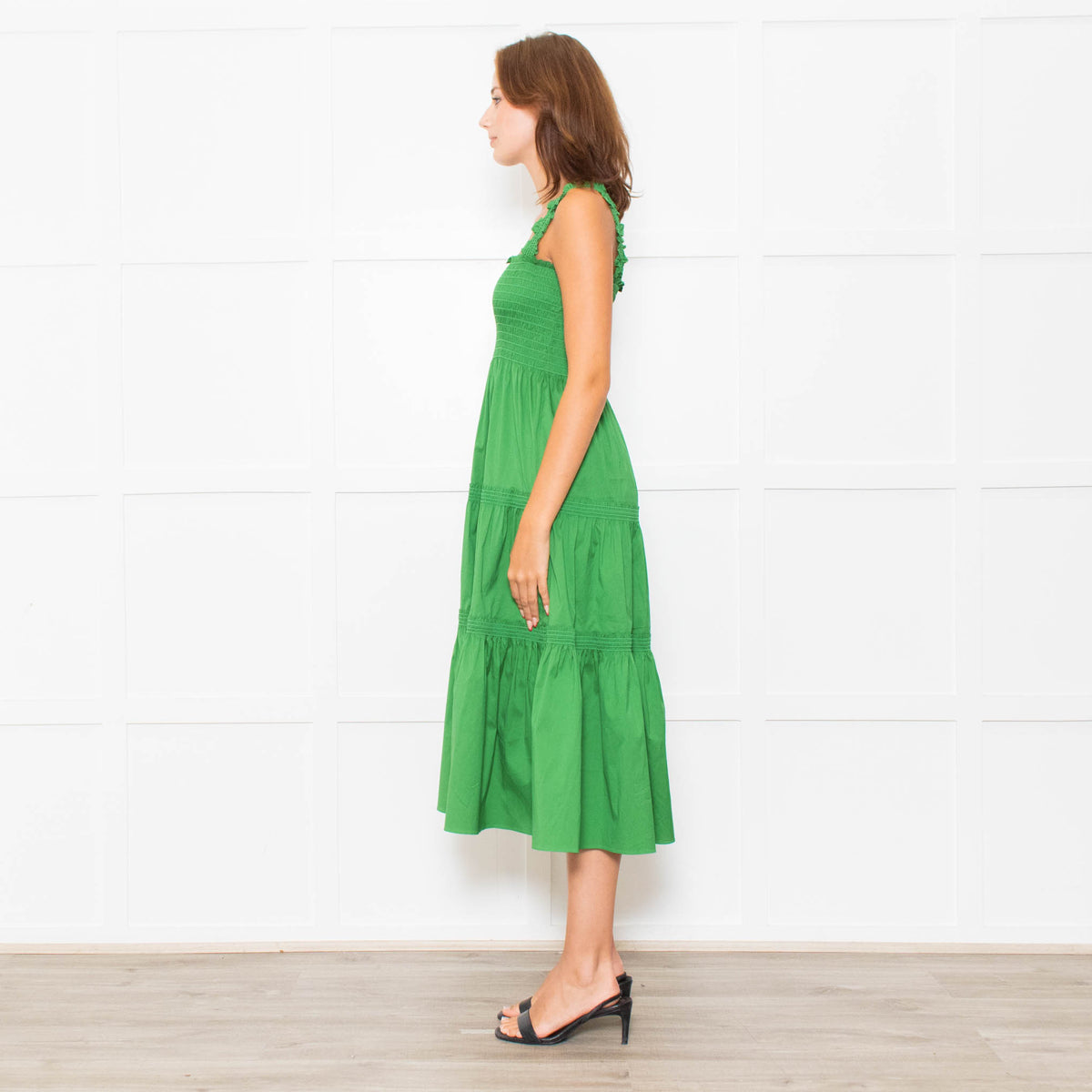 Tory Burch Green Smocked Waist Strappy Tiered Dress