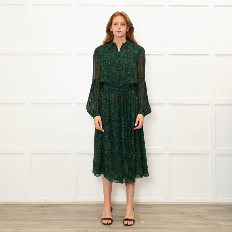 Michael Kors Green Blue Peacock Print Full Length Dress