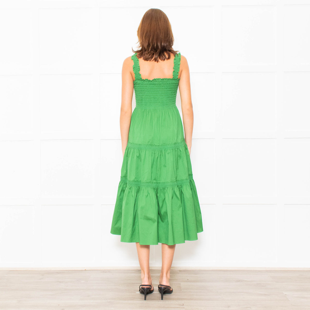 Tory Burch Green Smocked Waist Strappy Tiered Dress
