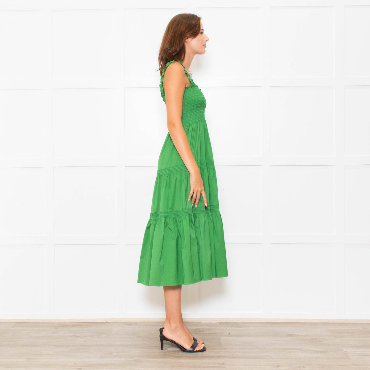 Tory Burch Green Smocked Waist Strappy Tiered Dress