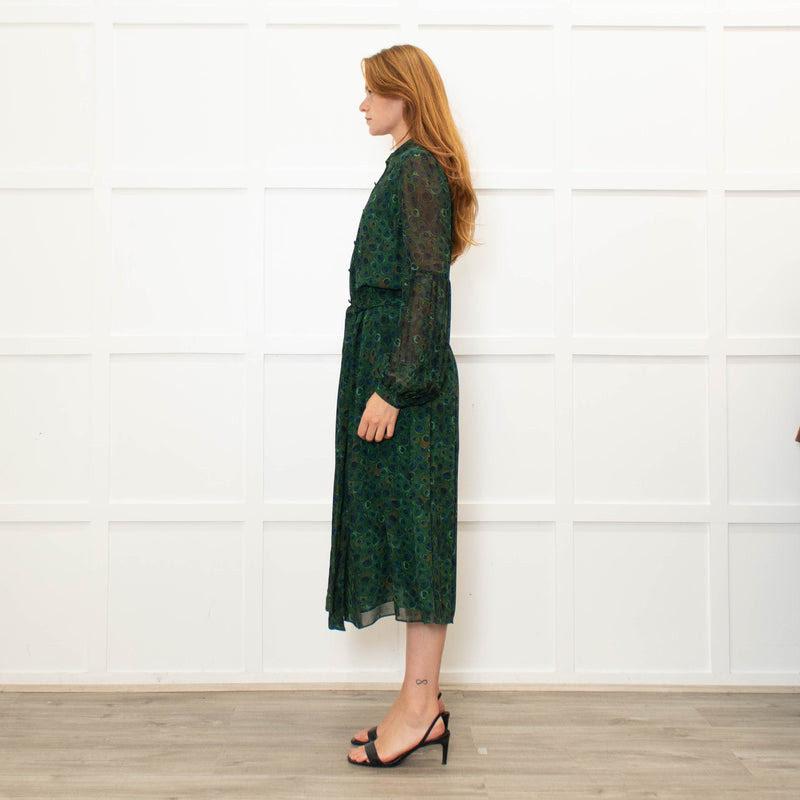 Michael Kors Green Blue Peacock Print Full Length Dress