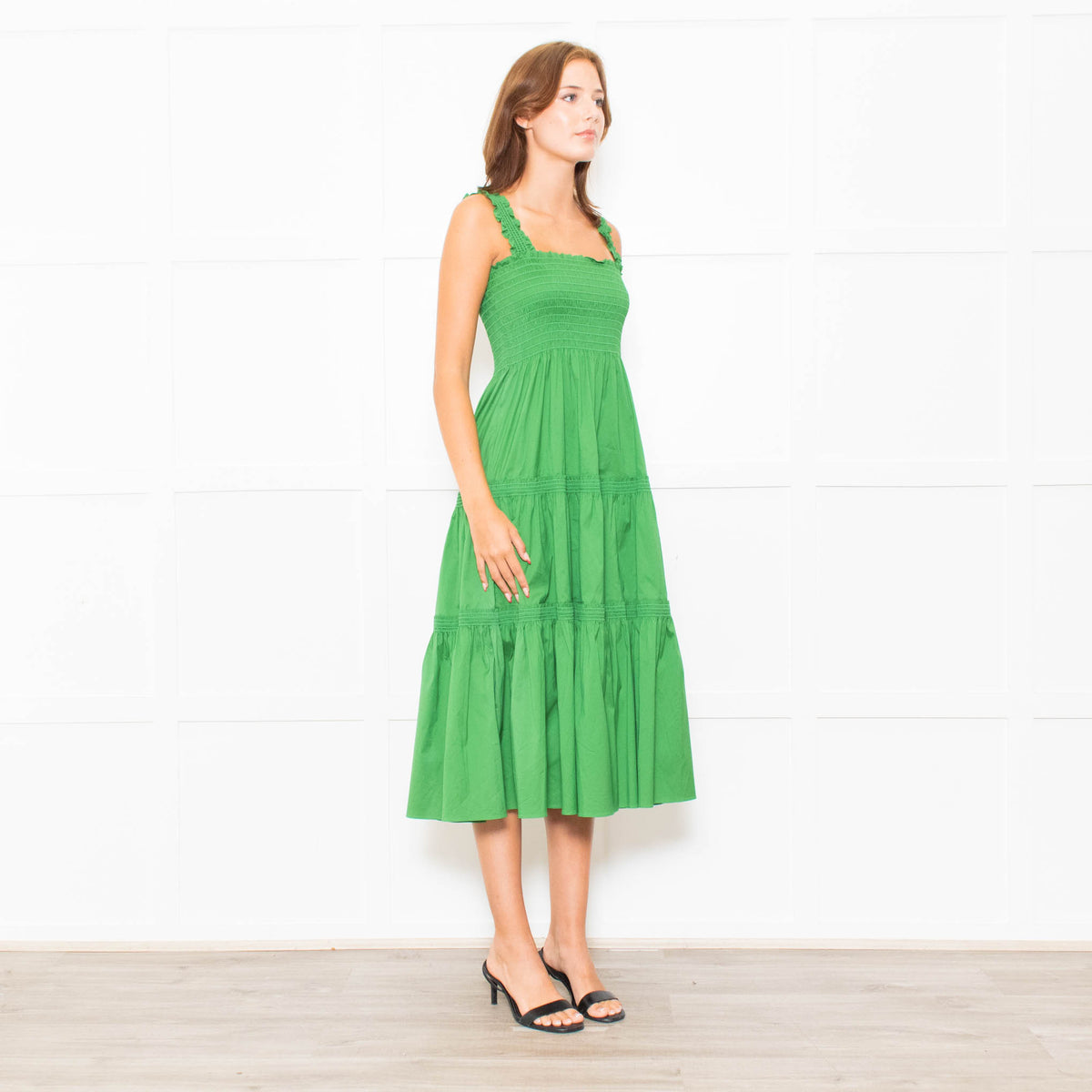 Tory Burch Green Smocked Waist Strappy Tiered Dress