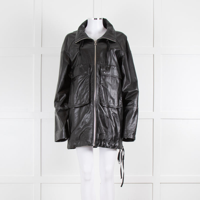 Helmut Lang Black Leather Coat with Patch Pockets and Contrast Topstitching