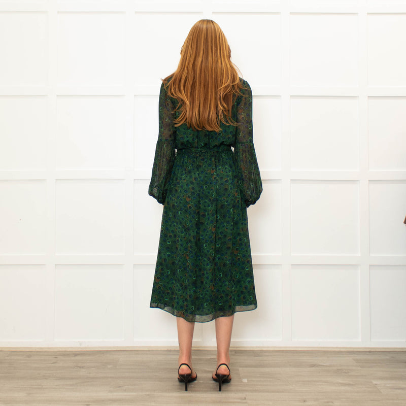 Michael Kors Green Blue Peacock Print Full Length Dress