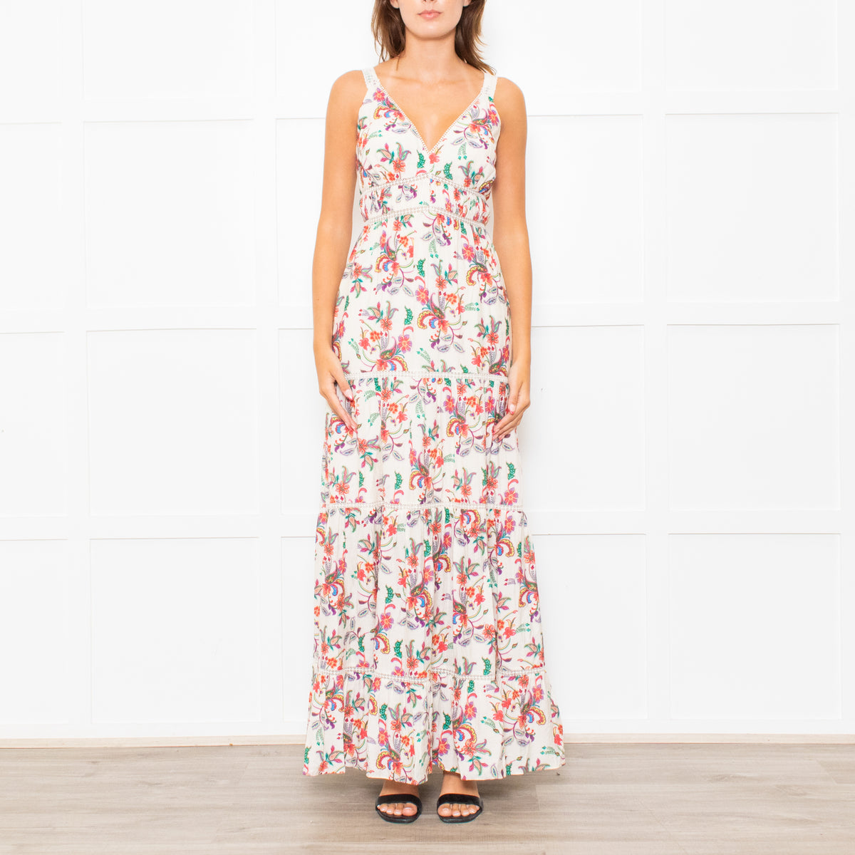 Me+Em Cream Coral Green Purple Paisley Strappy Maxi Dress
