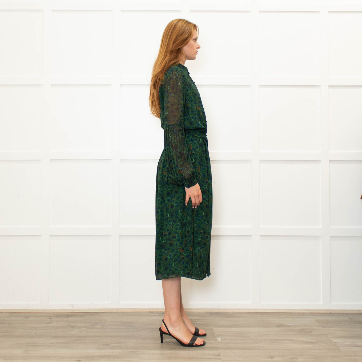 Michael Kors Green Blue Peacock Print Full Length Dress