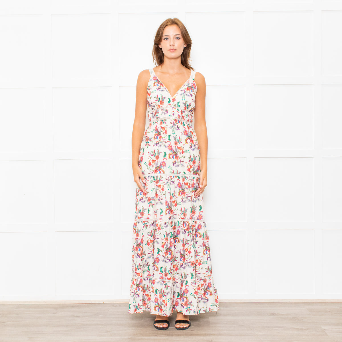 Me+Em Cream Coral Green Purple Paisley Strappy Maxi Dress