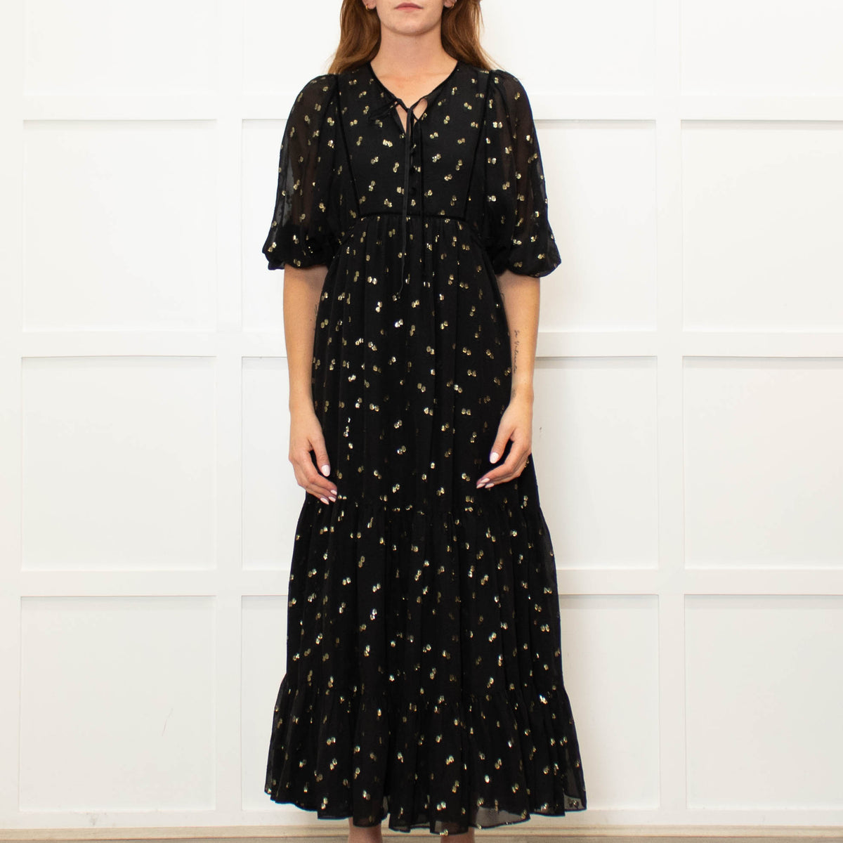 Wyse Black Gold Flower Print Boho Style Full Length Dress