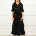 Wyse Black Gold Flower Print Boho Style Full Length Dress