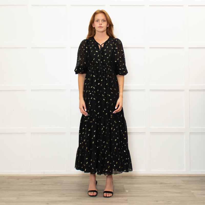 Wyse Black Gold Flower Print Boho Style Full Length Dress