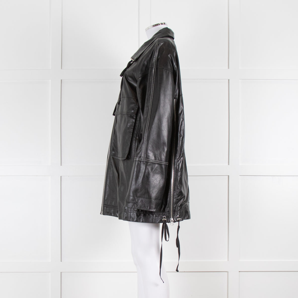Helmut Lang Black Leather Coat with Patch Pockets and Contrast Topstitching