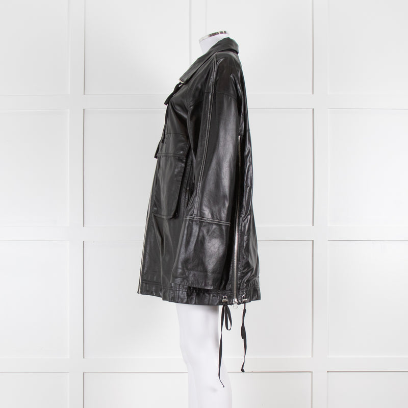 Helmut Lang Black Leather Coat with Patch Pockets and Contrast Topstitching