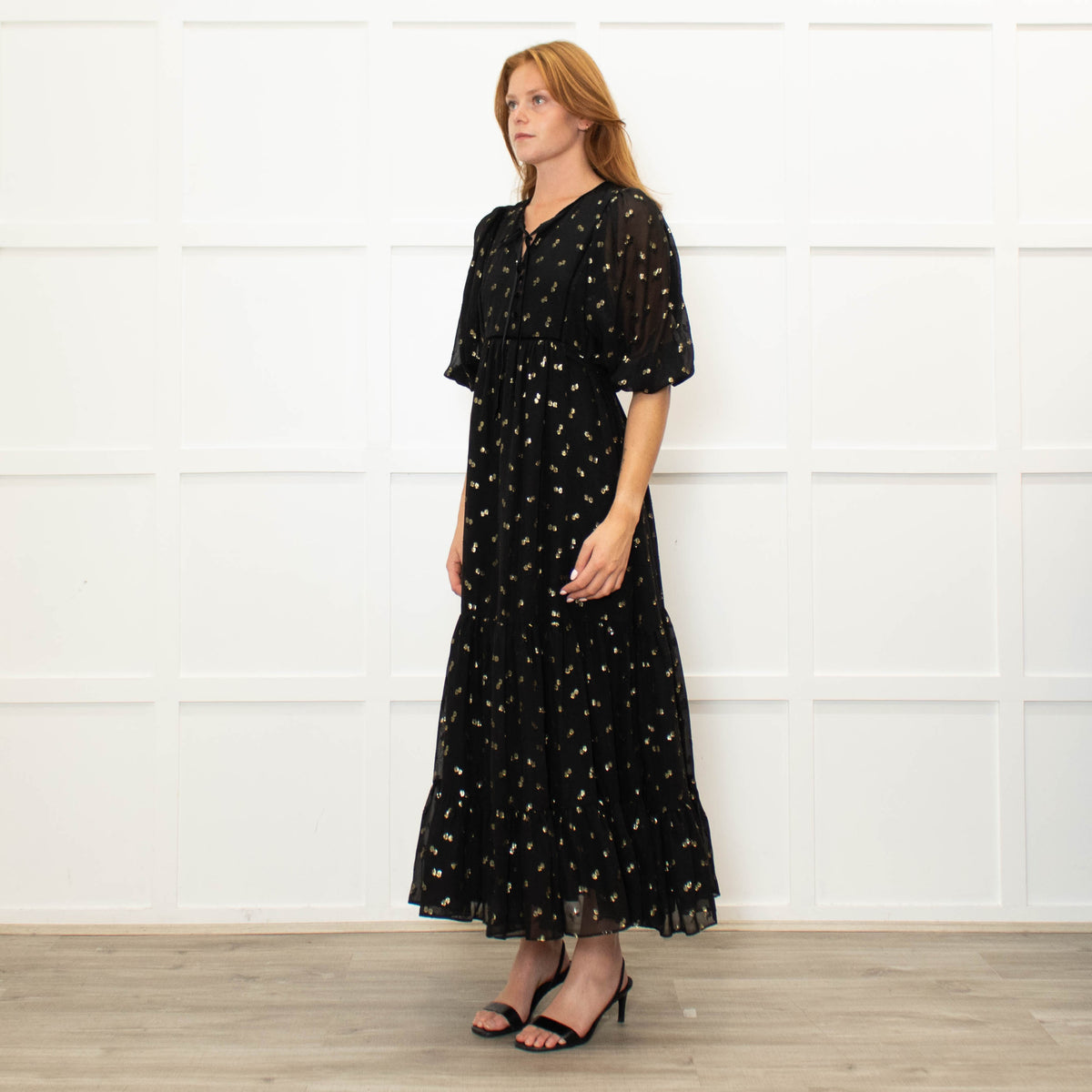 Wyse Black Gold Flower Print Boho Style Full Length Dress