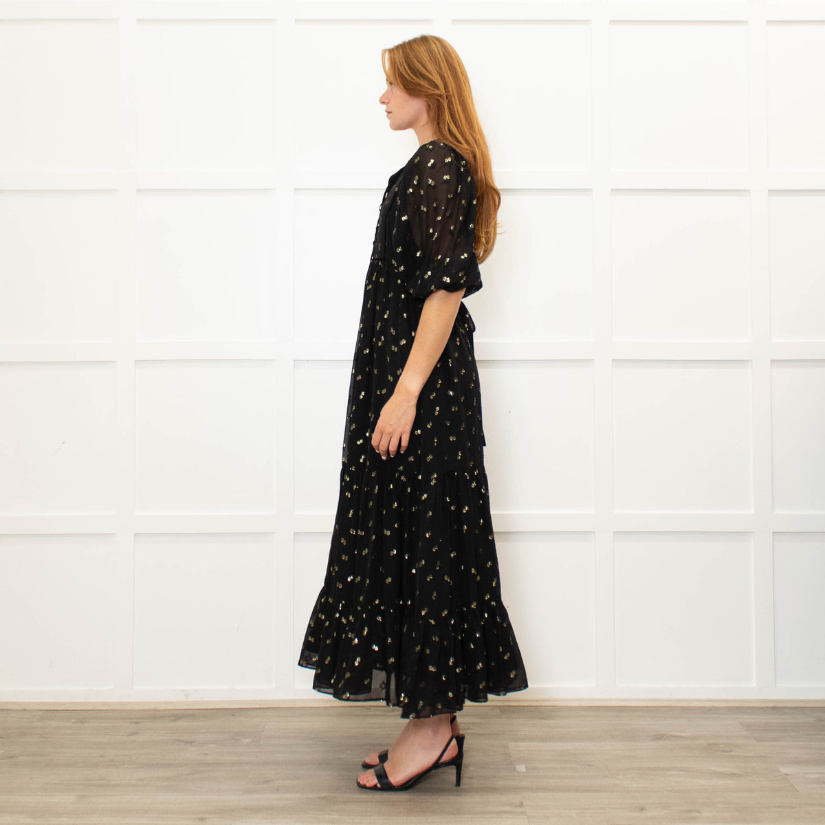 Wyse Black Gold Flower Print Boho Style Full Length Dress