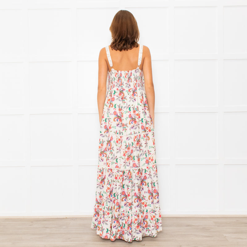 Me+Em Cream Coral Green Purple Paisley Strappy Maxi Dress