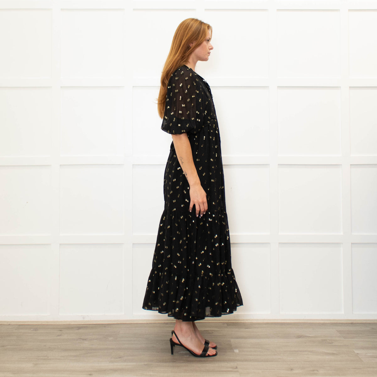 Wyse Black Gold Flower Print Boho Style Full Length Dress