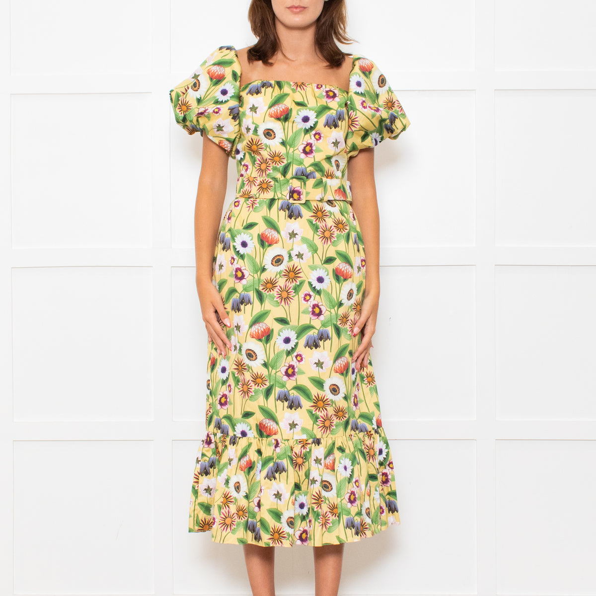 Borgo De Nor Yellow Pink Green Floral Print Belted Puff Sleeve Dress