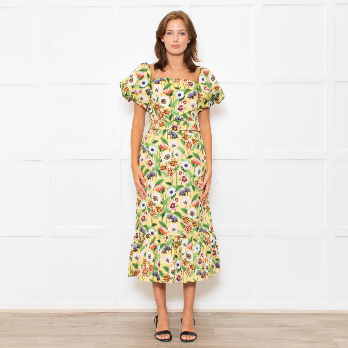 Borgo De Nor Yellow Pink Green Floral Print Belted Puff Sleeve Dress