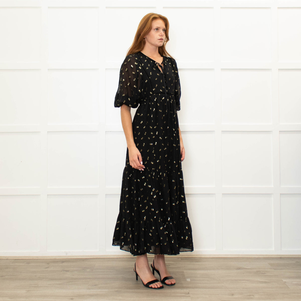 Wyse Black Gold Flower Print Boho Style Full Length Dress