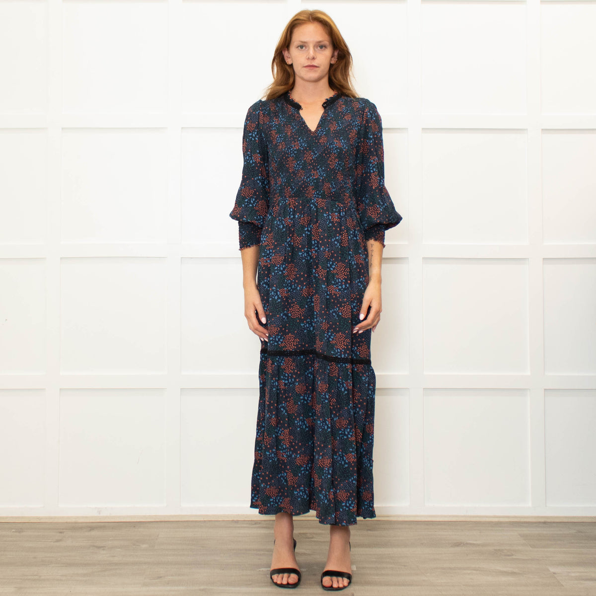 WYSE Navy Orange Smock Top Maxi Dress