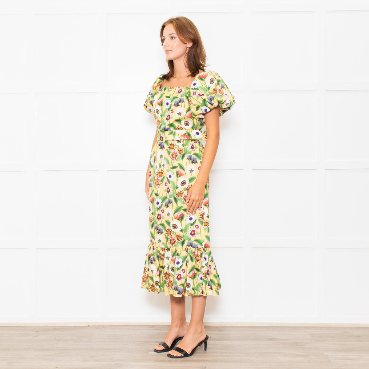 Borgo De Nor Yellow Pink Green Floral Print Belted Puff Sleeve Dress