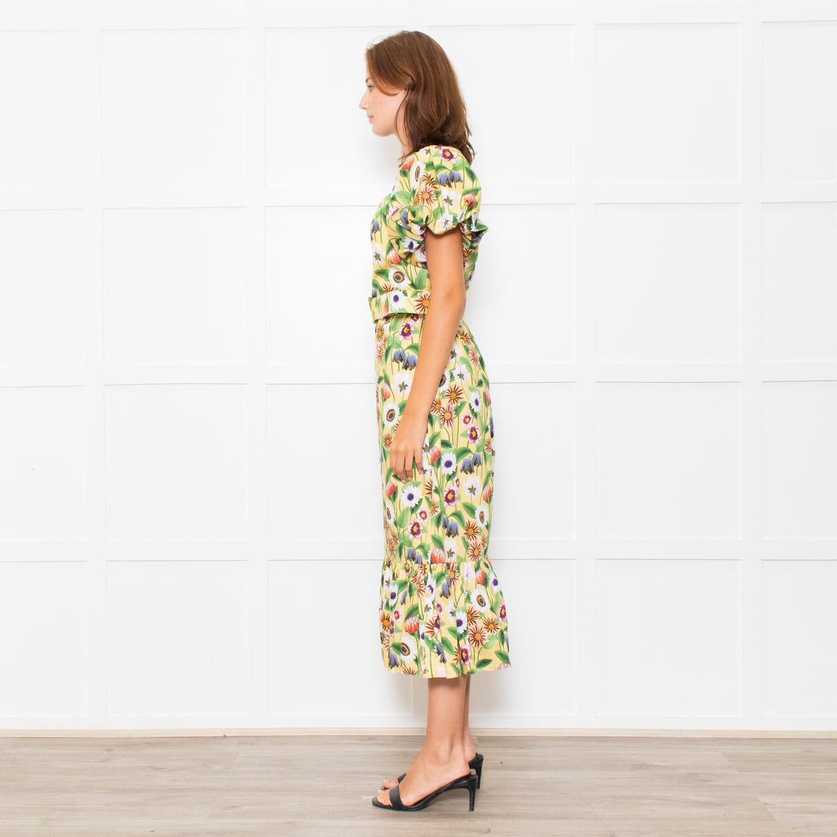 Borgo De Nor Yellow Pink Green Floral Print Belted Puff Sleeve Dress