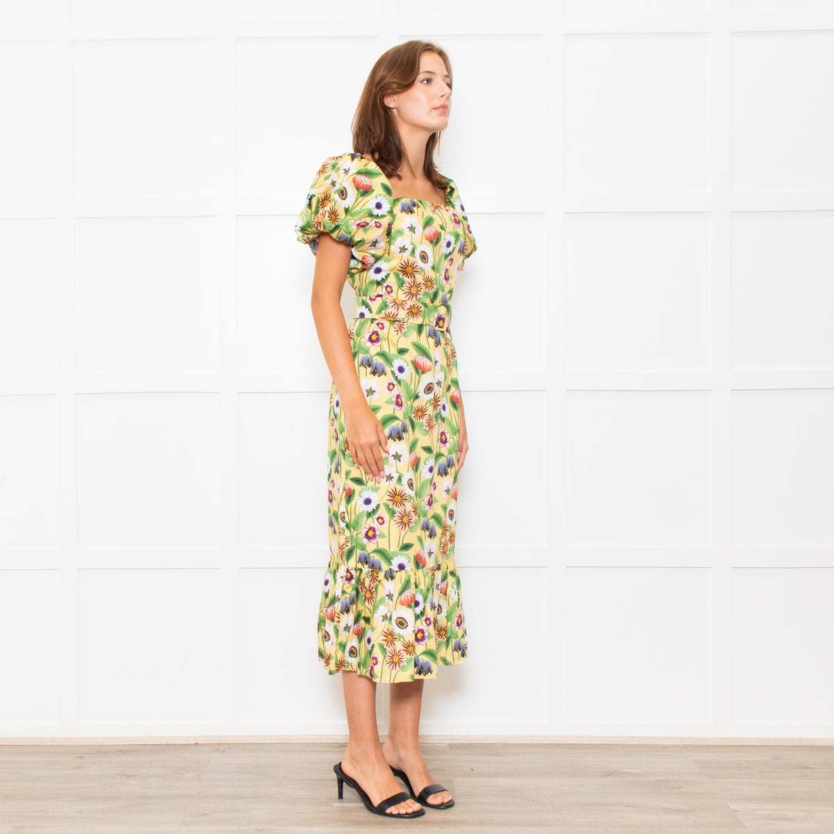 Borgo De Nor Yellow Pink Green Floral Print Belted Puff Sleeve Dress
