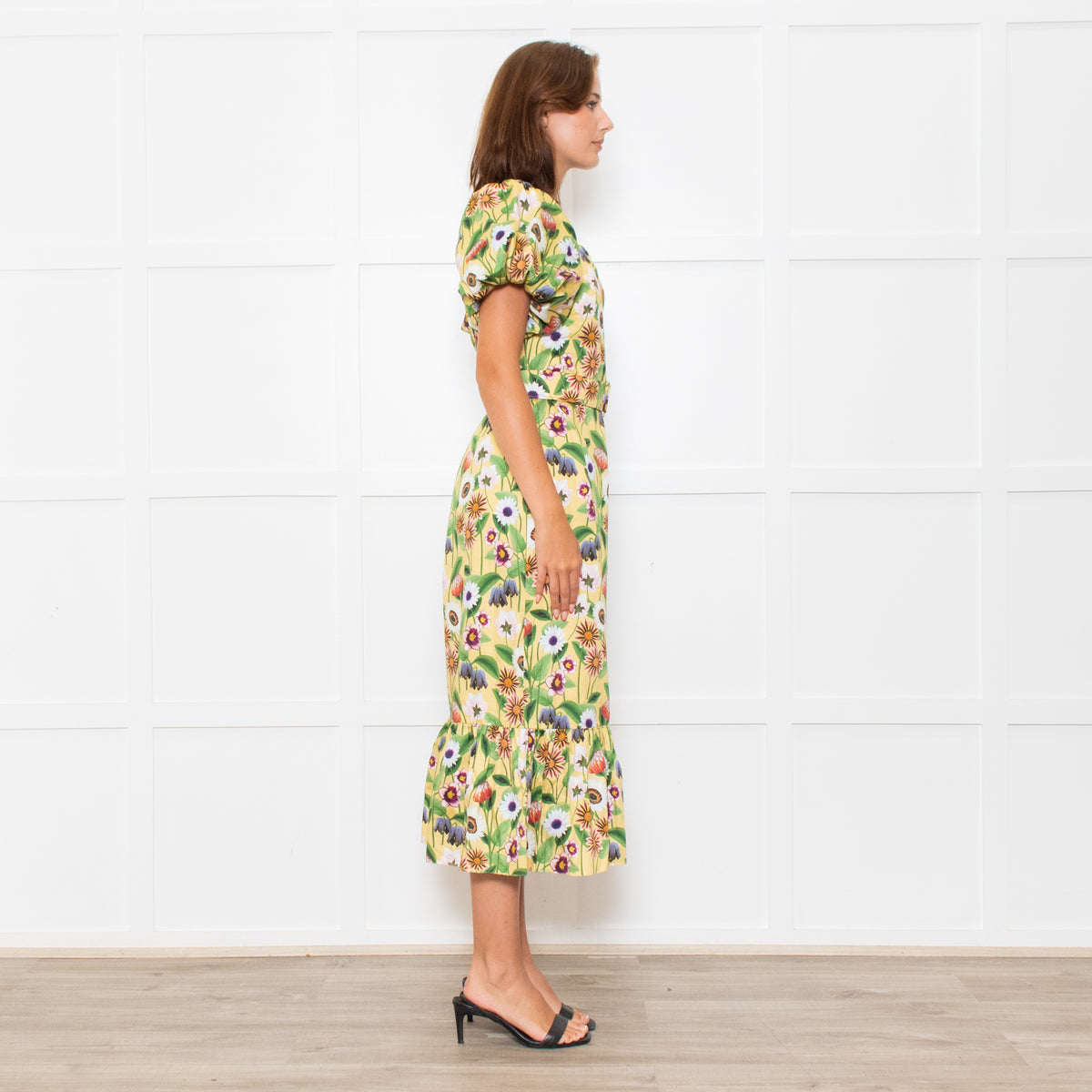 Borgo De Nor Yellow Pink Green Floral Print Belted Puff Sleeve Dress