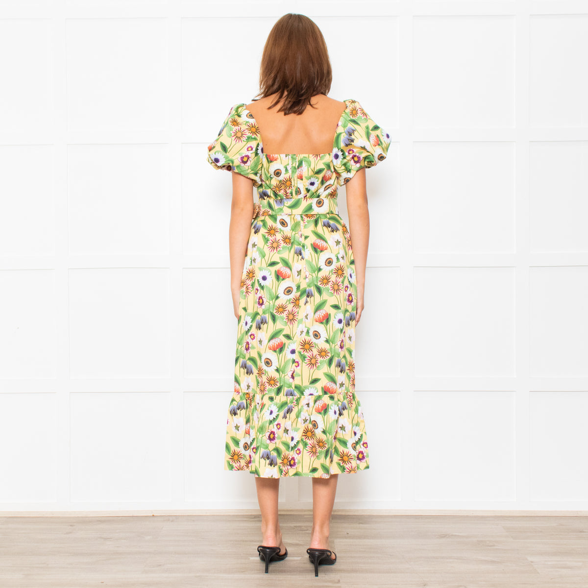 Borgo De Nor Yellow Pink Green Floral Print Belted Puff Sleeve Dress